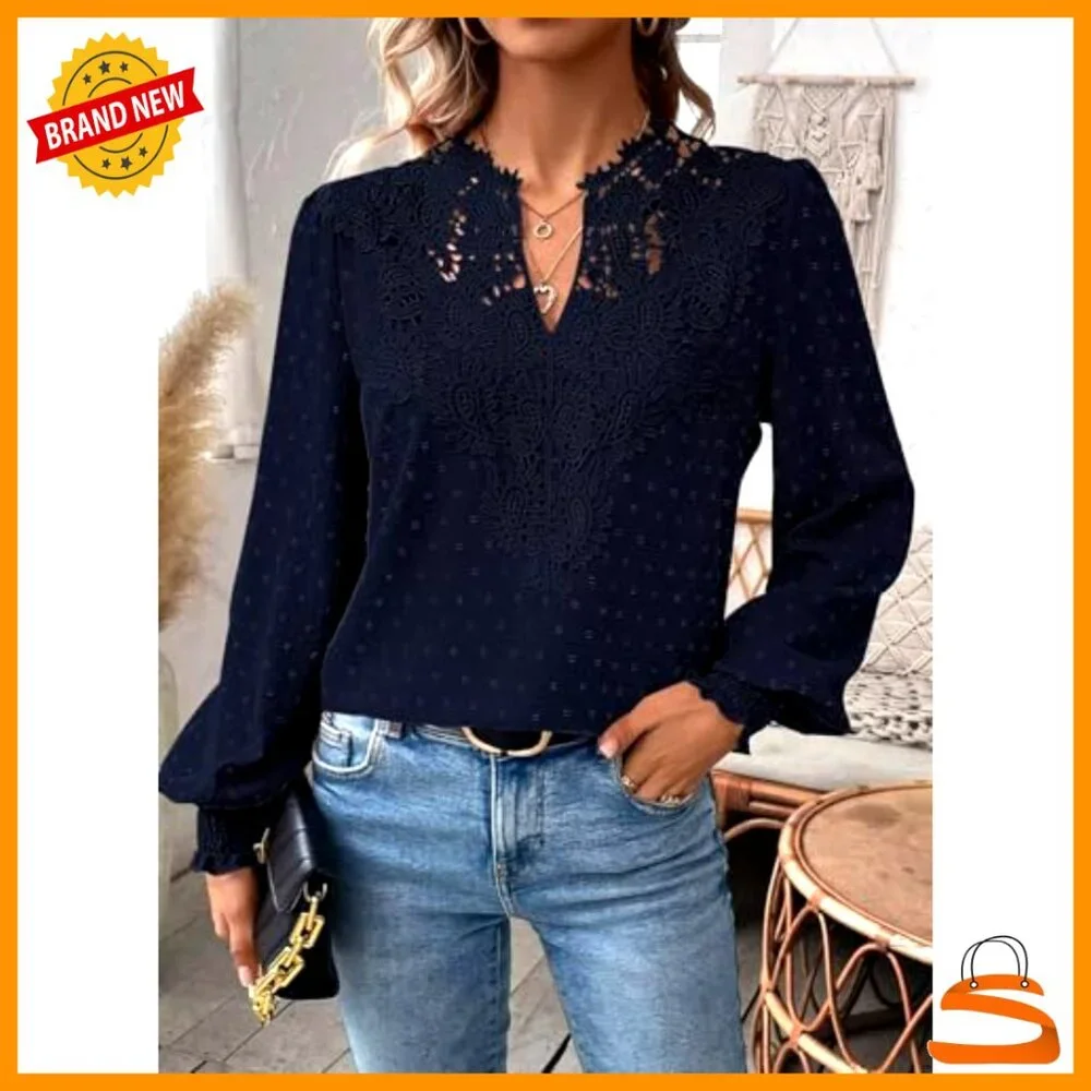 Long Sleeve V-Neck Blouse Loose Fit Polyester Boho Ruffled Cuff - Picture 6 of 7